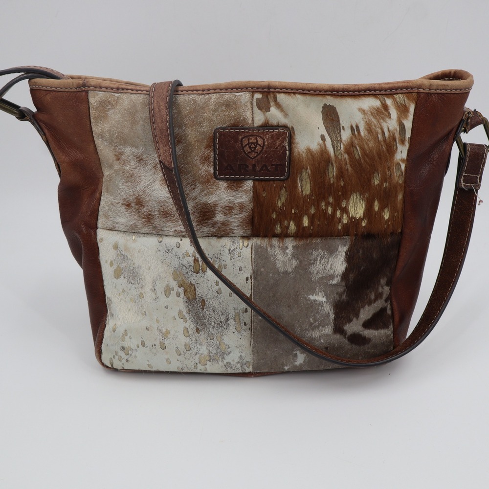 Ariat Crossbody Concealed Carry Bag Brown Leather Cowhide Patchwork Western Boho